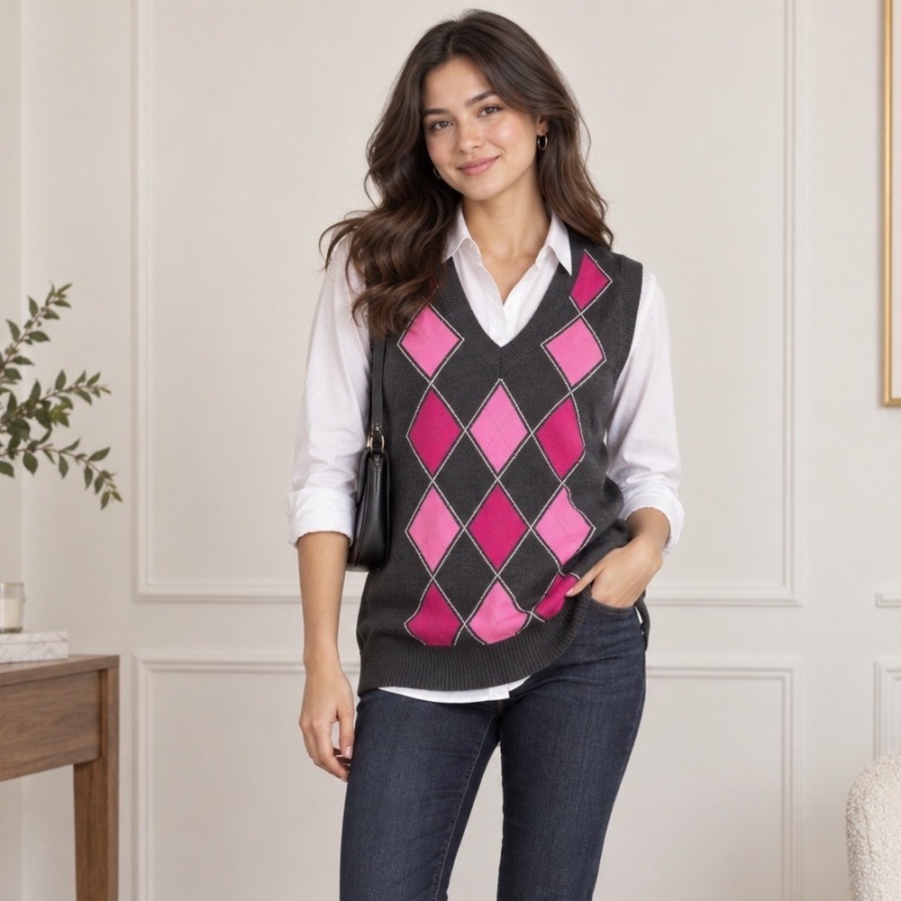Gap Sweater Vest Womens Medium Gray Pink Argyle V-Neck Cotton Preppy Academia